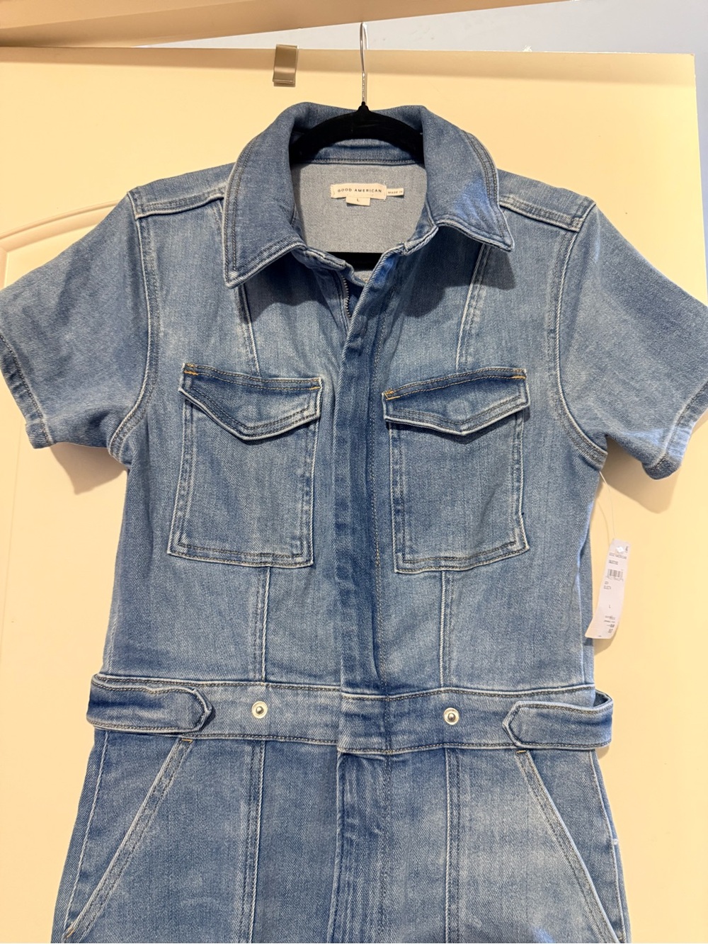Good American Light Blue Denim Short-Sleeve Jumpsuit Overalls - Picture 2 of 7